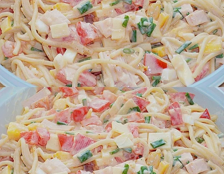 Spaghetti salad with turkey breast and cheese