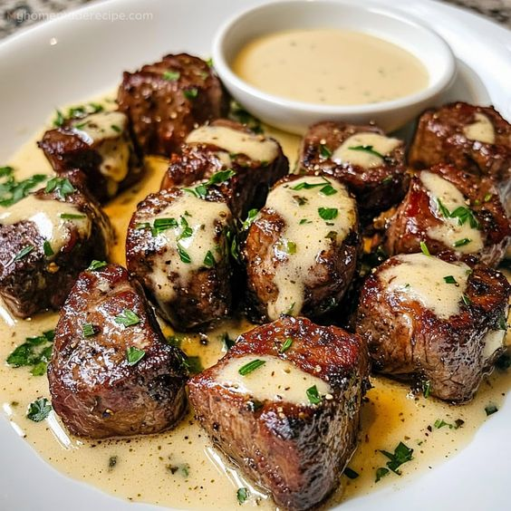 “Garlic Butter Steak Bites with Parmesan Cream Sauce 